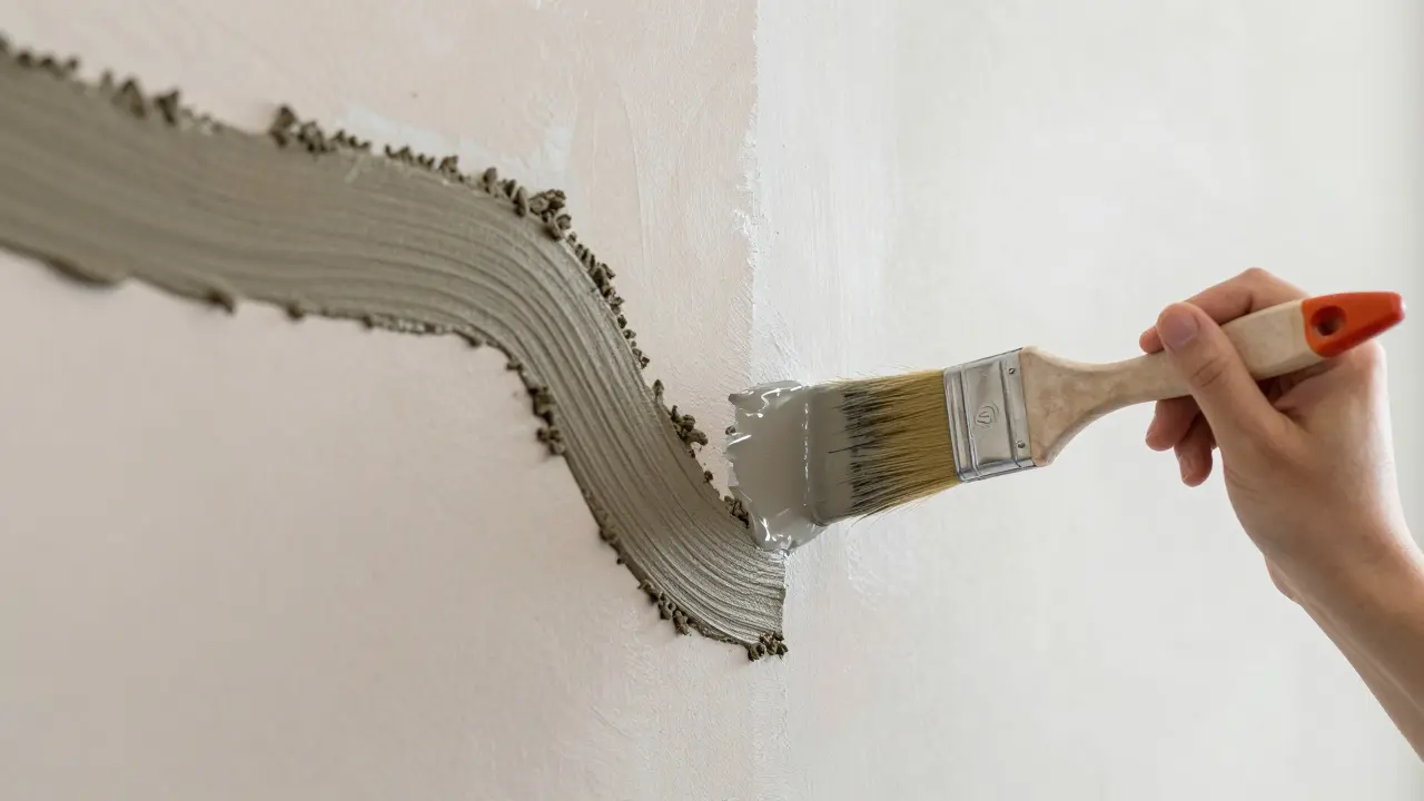 Sanierung einer Wand mit Rissbehandlung und Auftrag von Grundierung.