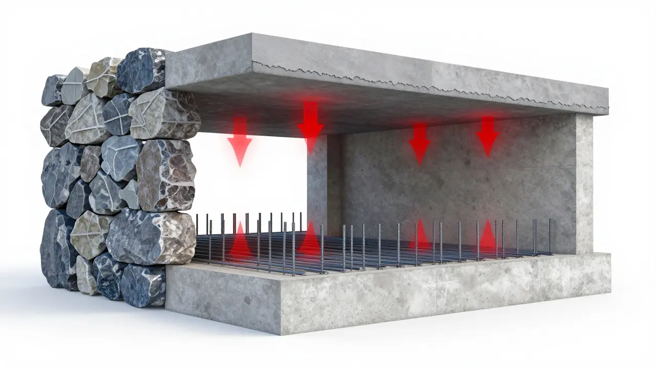 Schematische Darstellung von Lastkräften und Stahlbetonbewehrung einer Decke