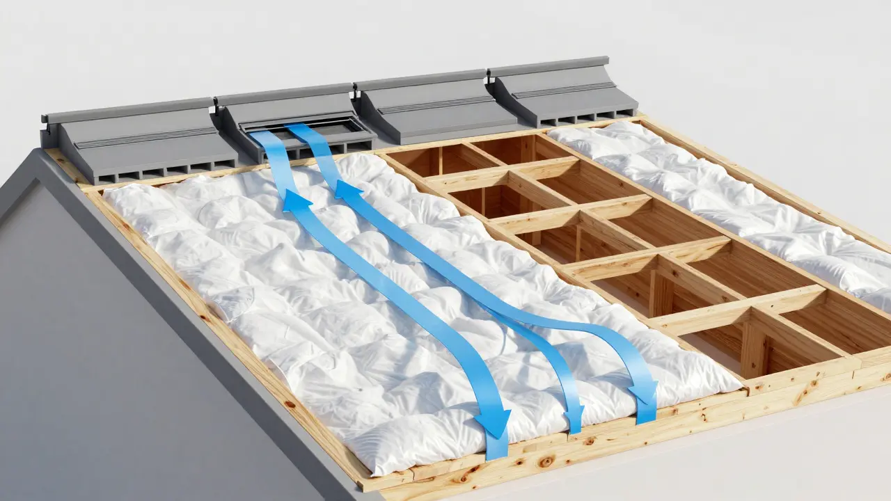 Schnittzeichnung von Dämmung und Belüftung zwischen Sparren