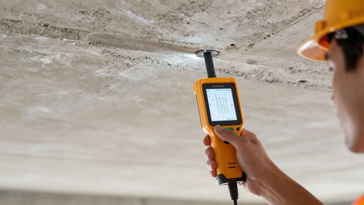 Statiker nutzt ein digitales Scangerät zur Prüfung der Deckenbewehrung