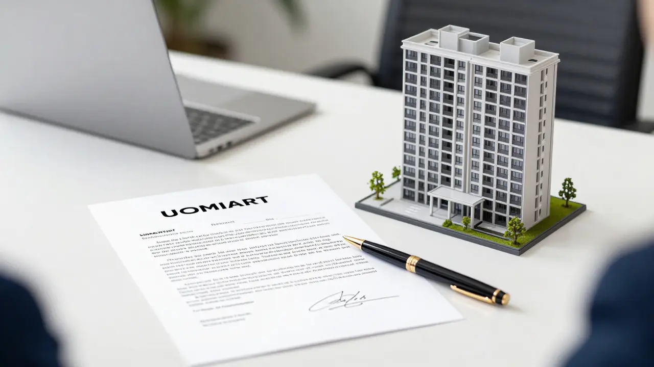 Unterschriebener Immobilienvertrag mit einem Architekturmodell auf einem professionellen Schreibtisch.