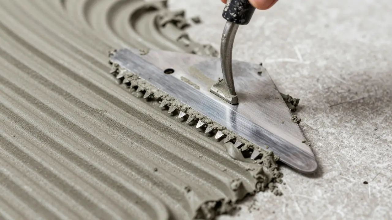 Zahnkelle beim gleichmäßigen Auftragen von Fliesenkleber