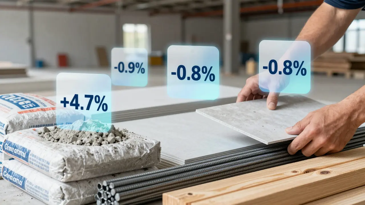 Baumaterialien wie Holz und Beton mit schwebenden Preissetiketten