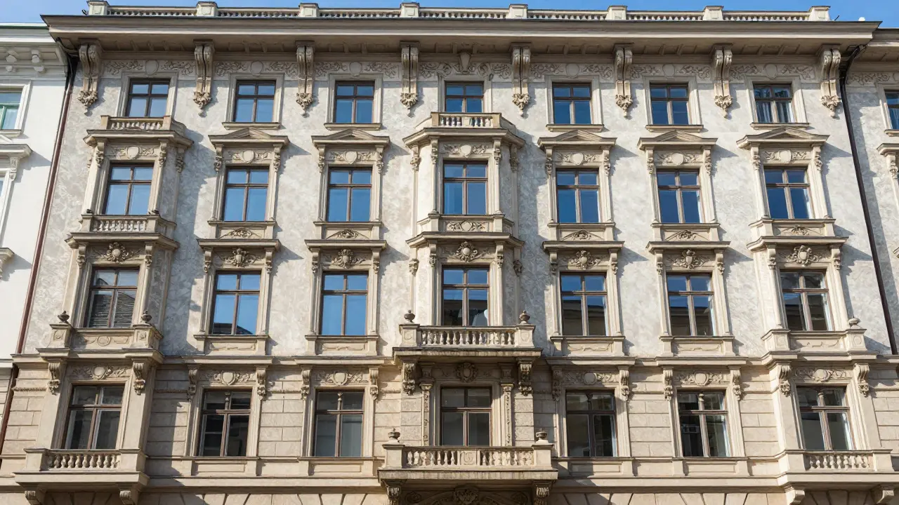 Fassade eines restaurierten Jugendstilgebäudes mit neuen Fenstern