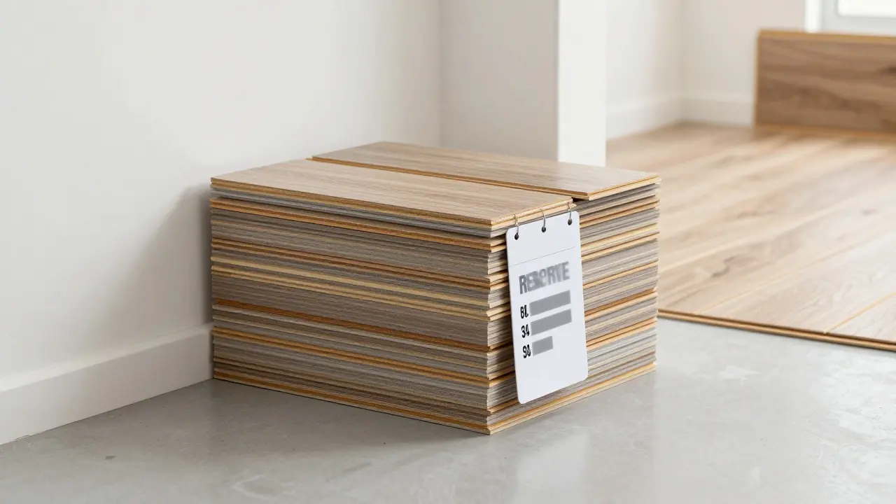 Gut verpackte Reserve von Bodenmaterialien in einer trockenen Garage für zukünftige Reparaturen