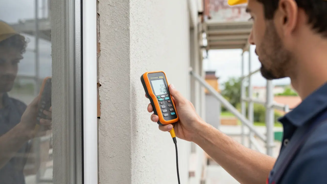 Handwerker prüft Fassade mit Feuchtemessgerät am Fenster