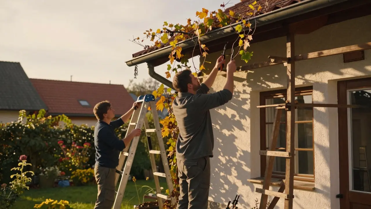 Hausbesitzer pflegen und schneiden Kletterpflanzen an der Wand
