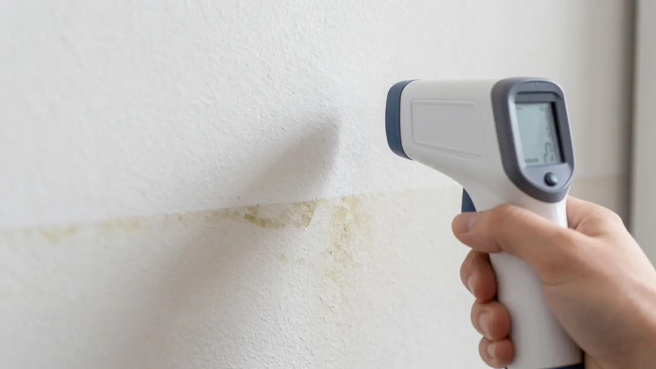 Messung der Oberflächentemperatur an einer feuchten Wandecke mit Infrarotthermometer