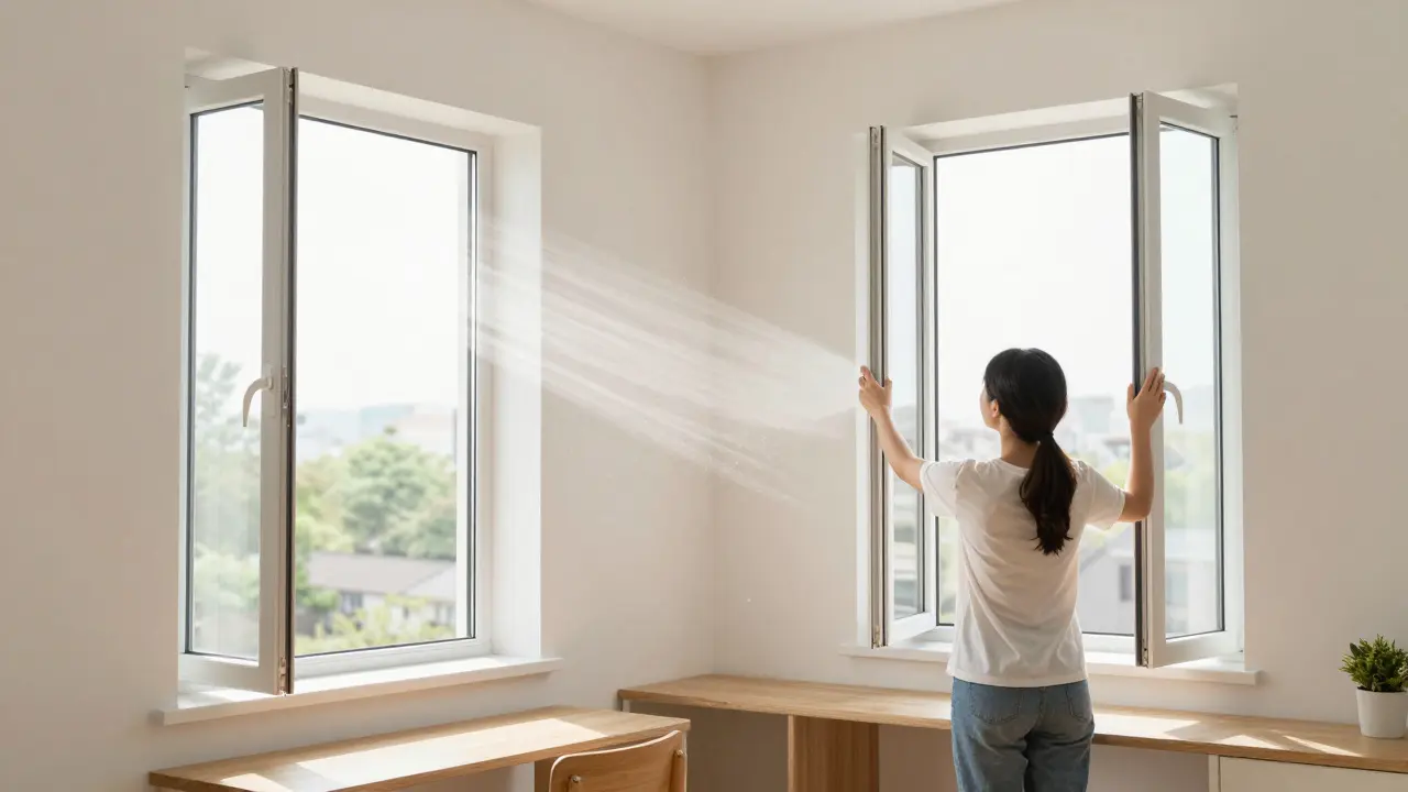 Person lüftet stoßweise durch geöffnete Fenster für frische Luft