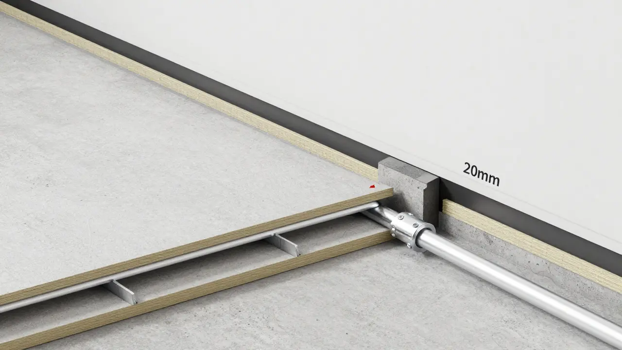 Querschnitt einer dünnen Trockenbau-Fußbodenheizung mit Gipsfaserplatten