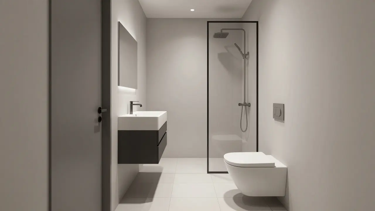 Schmales Gästebad mit wandhängender Toilette und Schiebetür