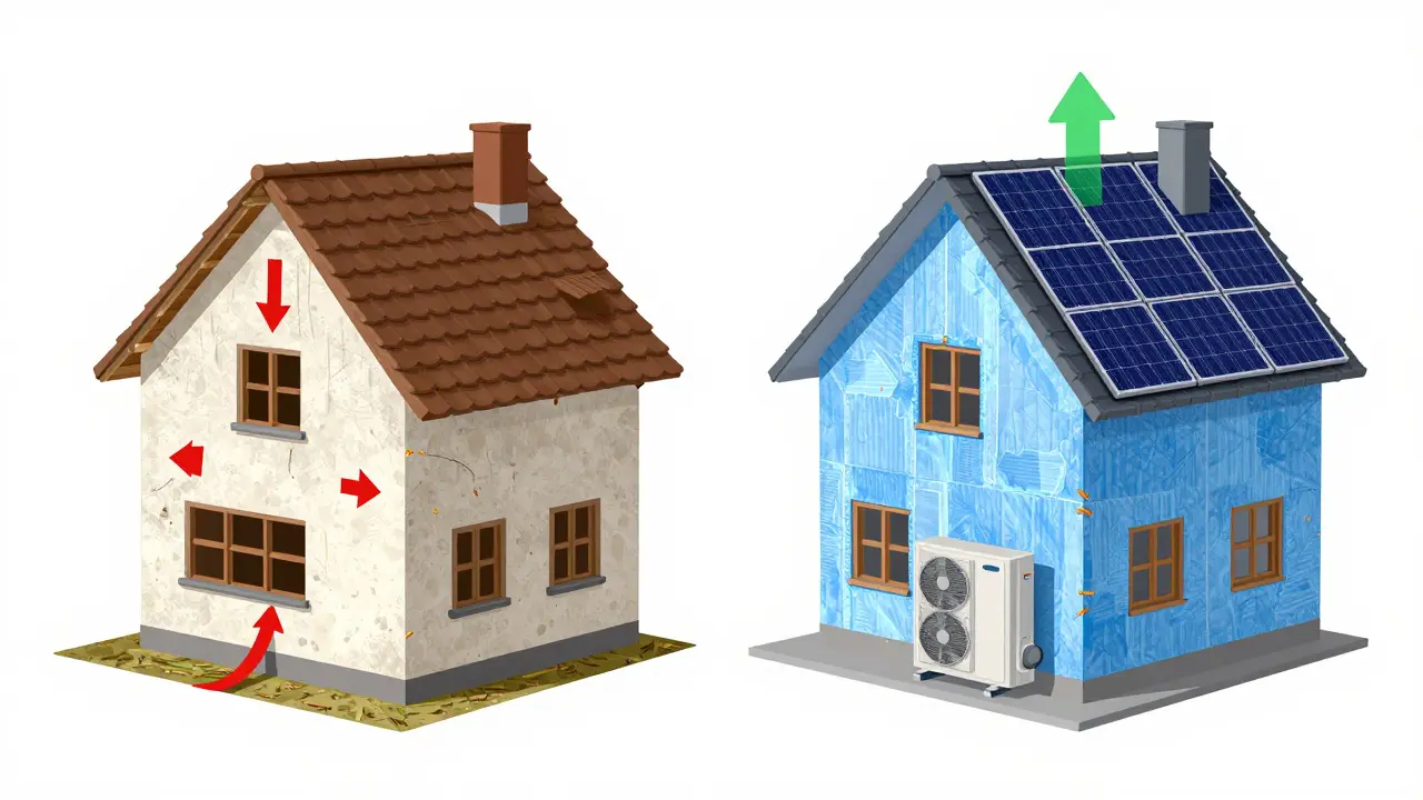 Schnittmodell: Vergleich von altem Haus mit Wärmeverlust und gedämmtem Effizienzhaus