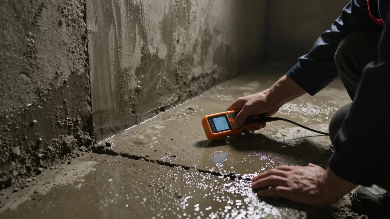 Techniker misst die Feuchtigkeit des Betonuntergrunds in einem feuchten Keller