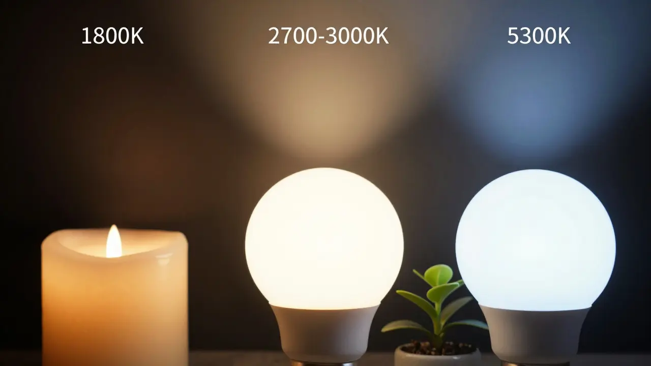Vergleich der Lichtfarben von Glühbirnen bei verschiedenen Kelvin-Werten