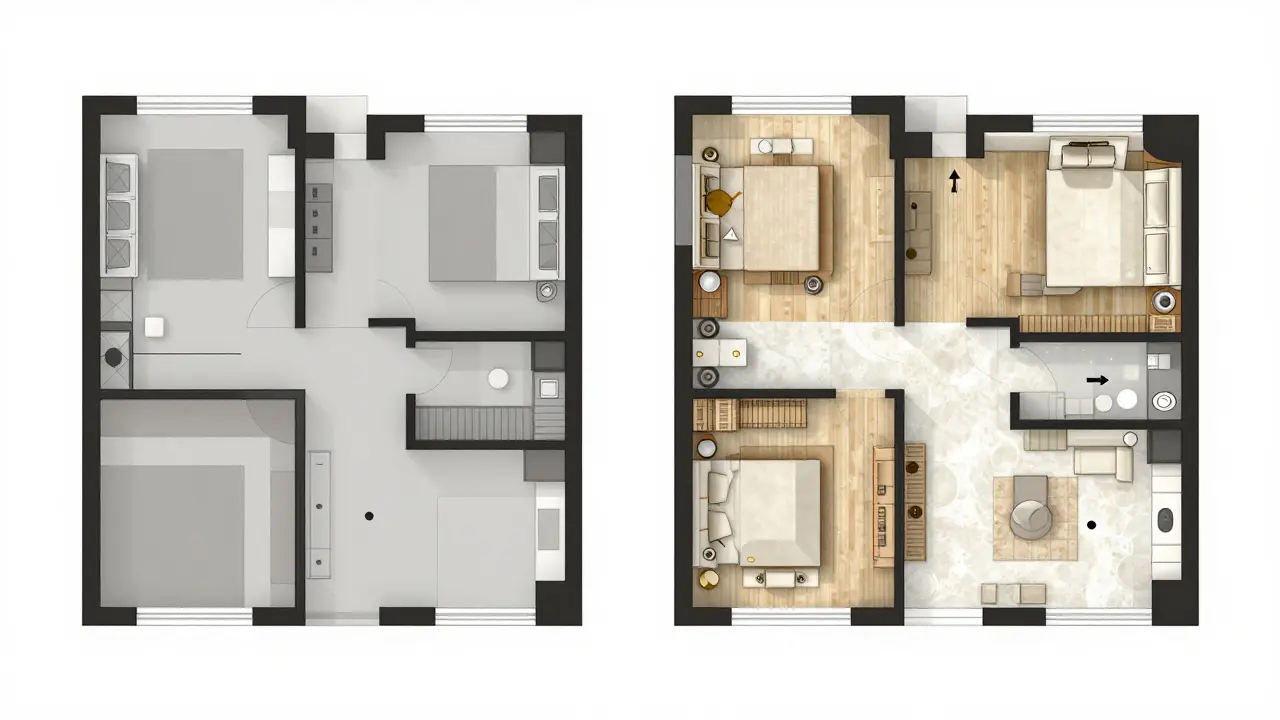 Vergleich ineffizienter und optimierter Hausgrundrisse als 3D-Visualisierung