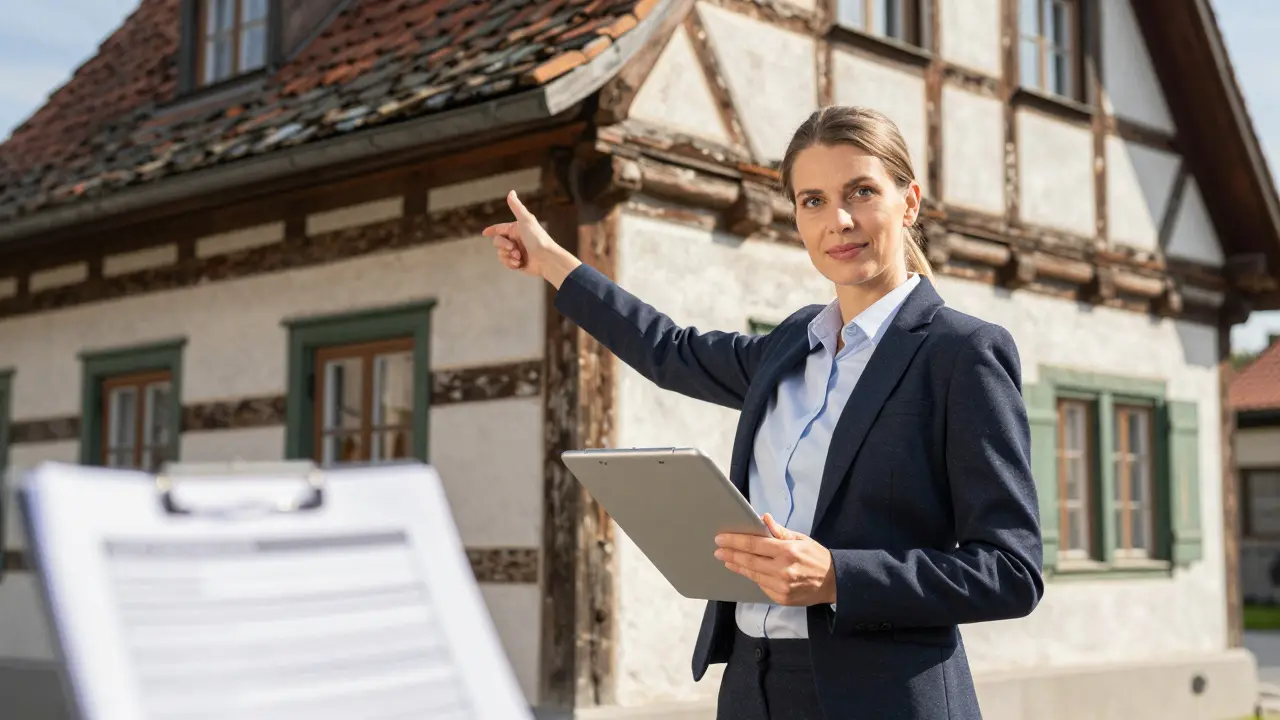 Zertifizierter Gutachter prüft Zustand eines traditionellen Hauses