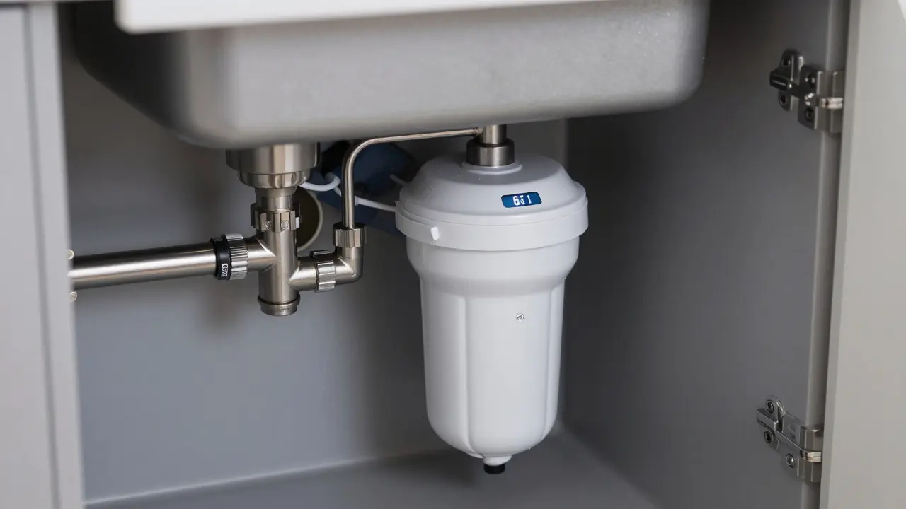 Ansicht unter der Küchenspüle mit installiertem Unterbau-Wasserfiltersystem und Edelstahlrohren