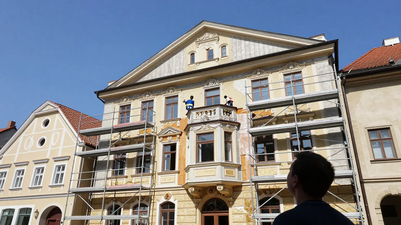 Austrian house under renovation with scaffolding and insulation