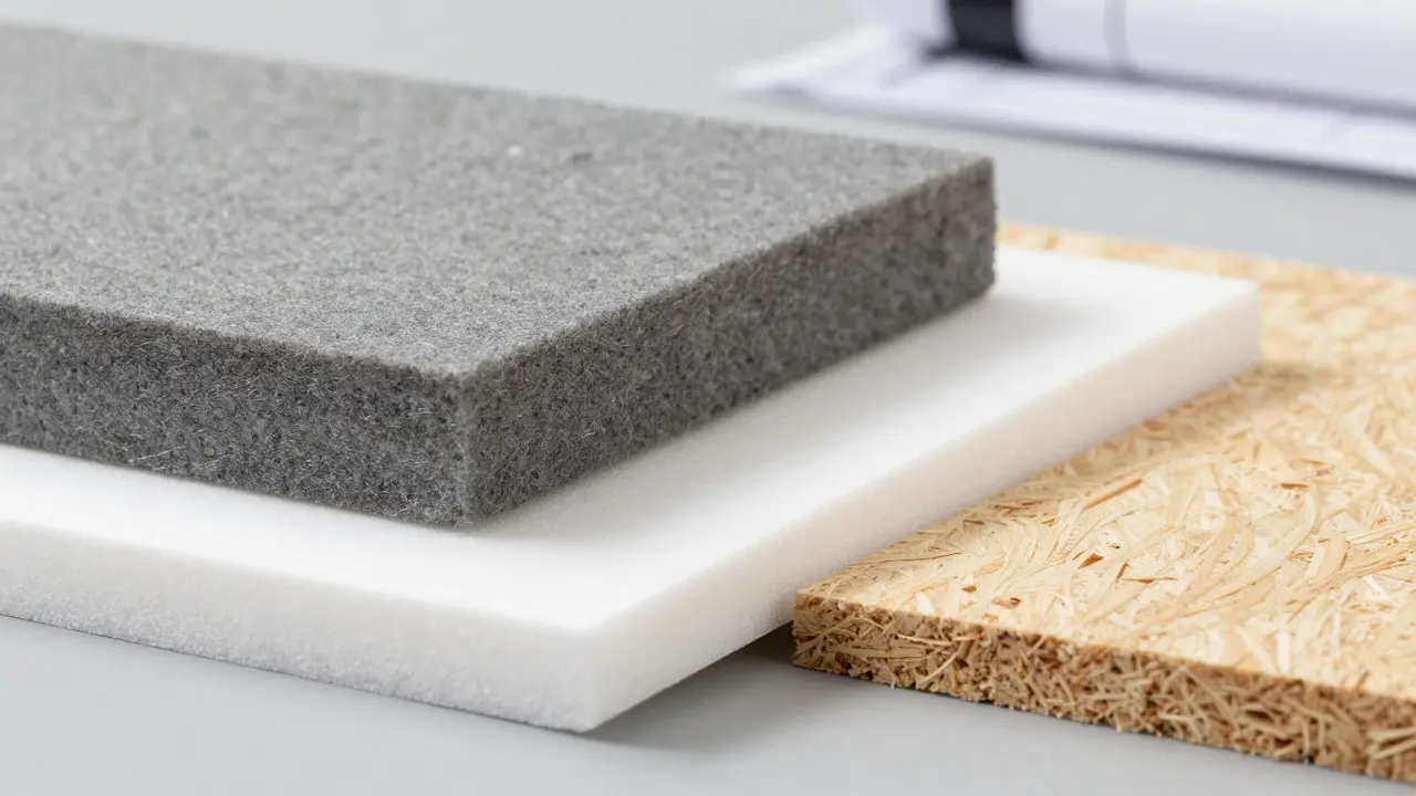 Close-up of stone wool, EPS and wood fiber insulation materials
