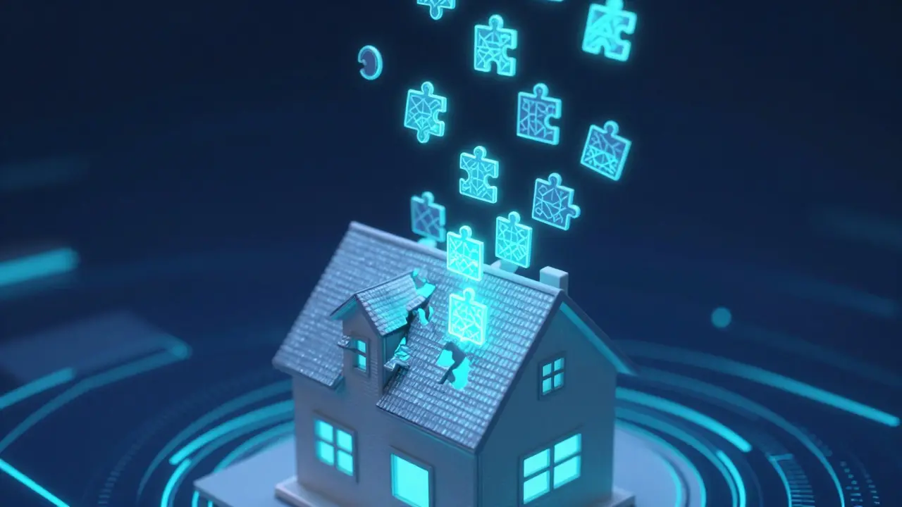 Ein Haus wird in viele kleine, leuchtende Token-Anteile zerlegt dargestellt