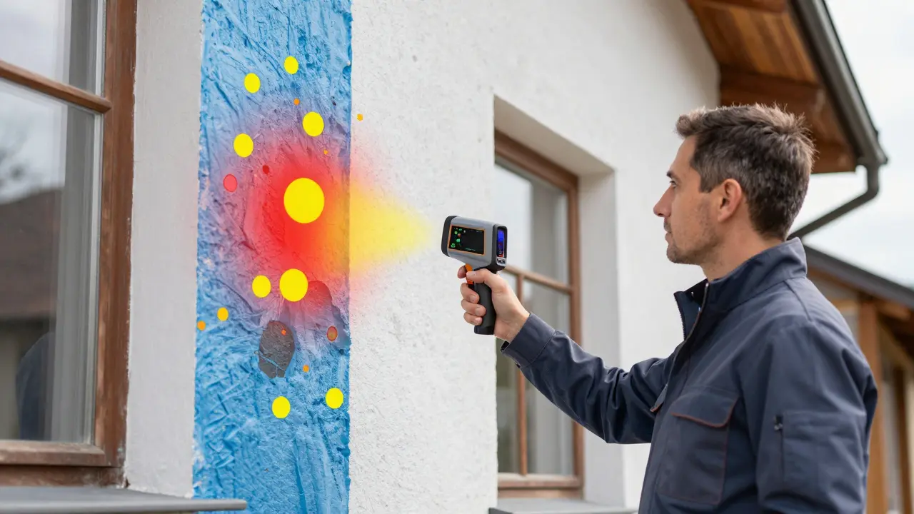 Experte prüft Hauswand mit Wärmebildkamera