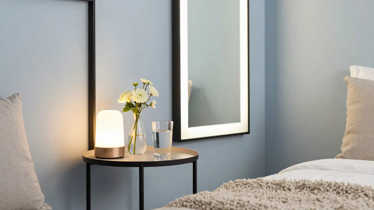 Gästebettseite mit Lampe, Blumen und beleuchtetem Spiegel