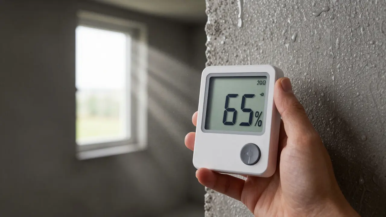 Hand hält Hygrometer vor offenes Fenster im Keller