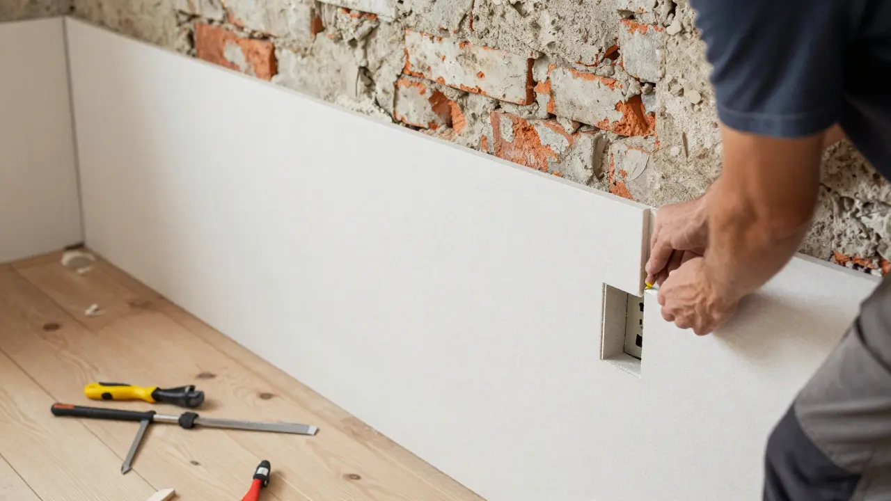 Handwerker installiert Innendämmung aus Kalziumsilikatplatten an einer alten Ziegelwand