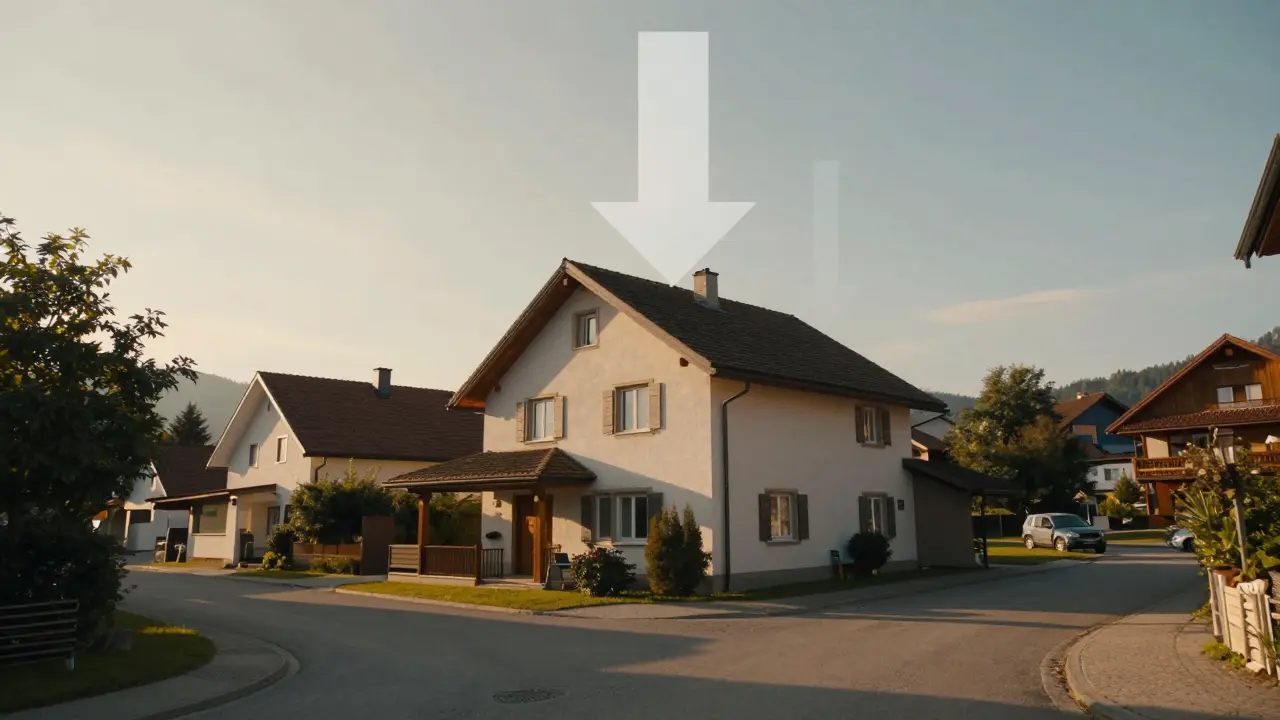 Haus bei Sonnenuntergang mit absteigendem Pfeil-Symbol