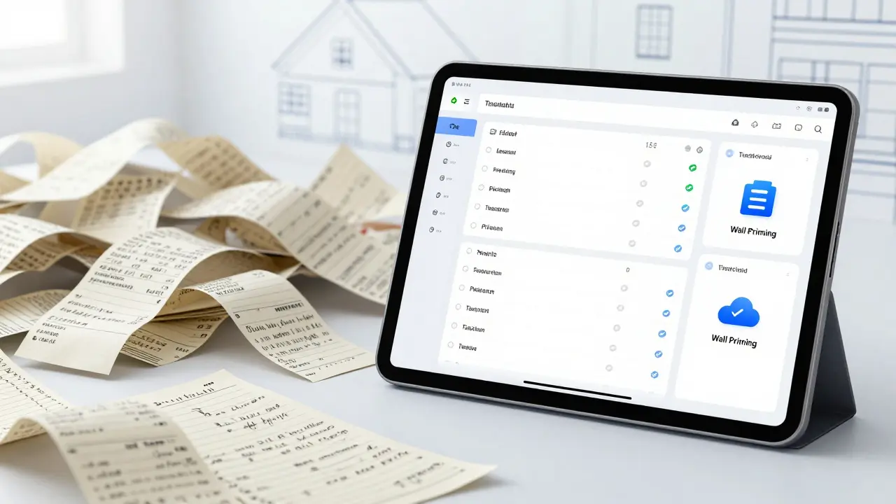 Kontrast zwischen chaotischen Papieren und strukturierter digitaler App-Dokumentation