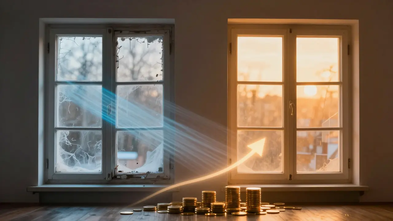Konzeptbild zum Energiesparen und Wertsteigerung durch Fenstertausch
