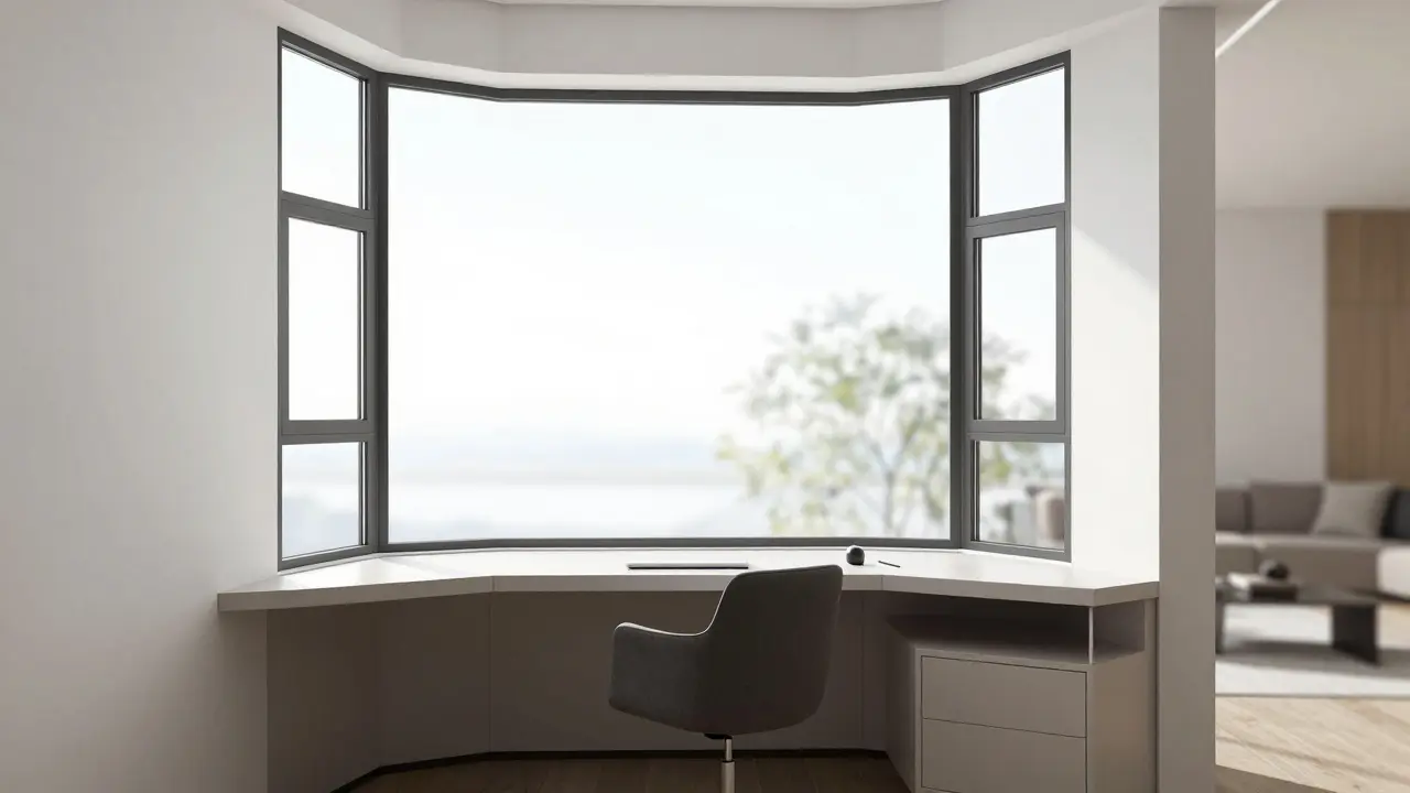 Modernes Homeoffice in einem rechteckigen Fenstererker