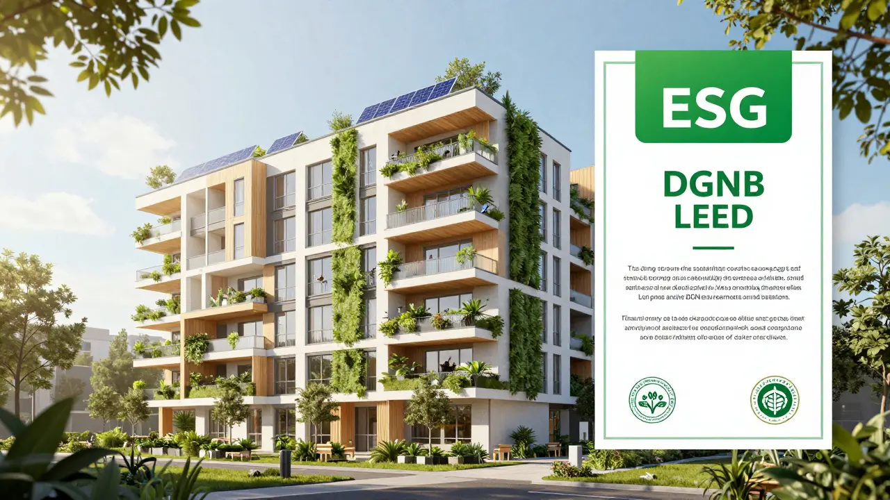 Nachhaltiges Gebäude mit Grünflächen und Solarpanelen zur Darstellung von ESG-Vorteilen