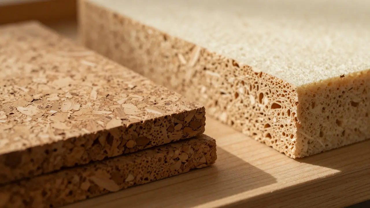 Nahaufnahme von Korkplatten und Holzfaserdämmung auf einem Holztisch