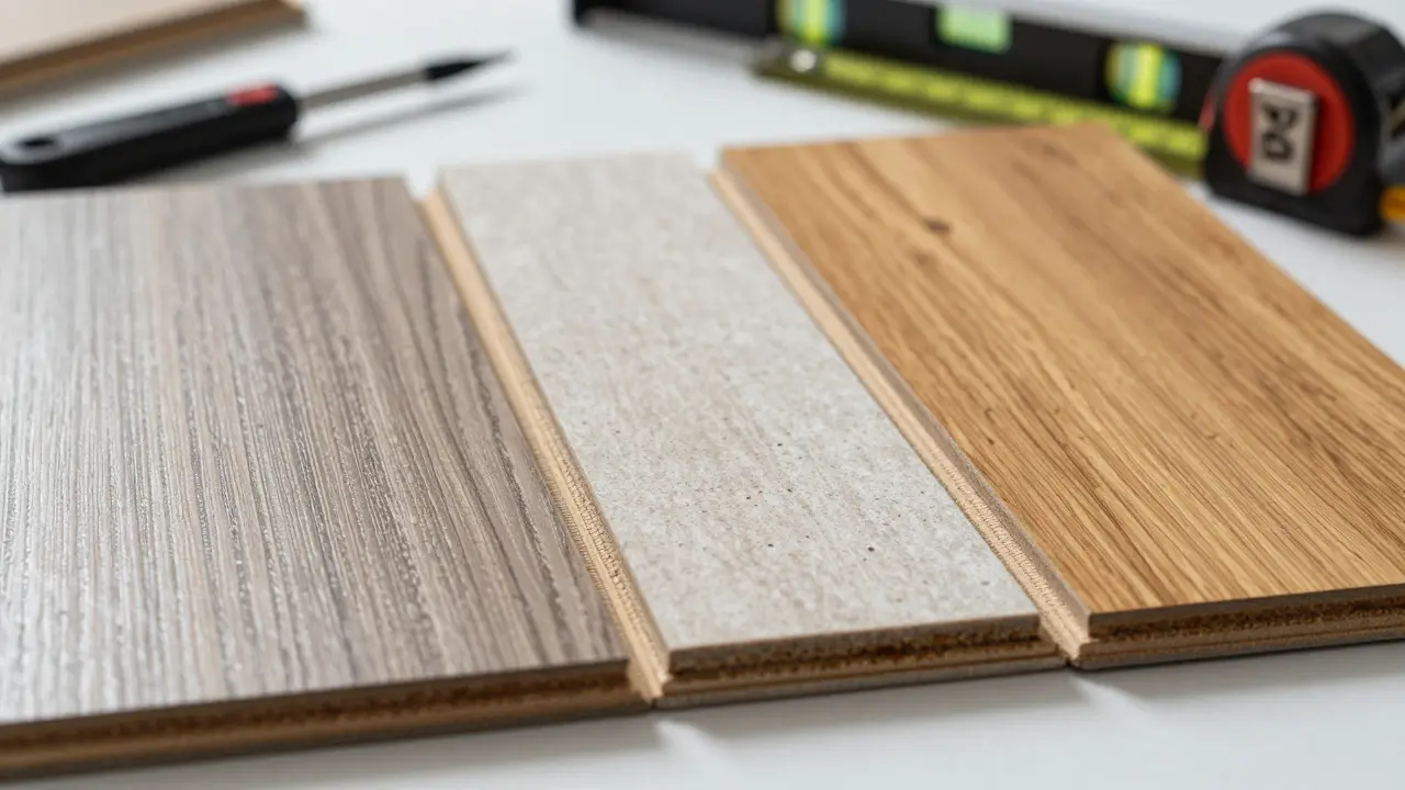 Nahaufnahme von Laminat, Vinyl und Parkett mit Werkzeugen