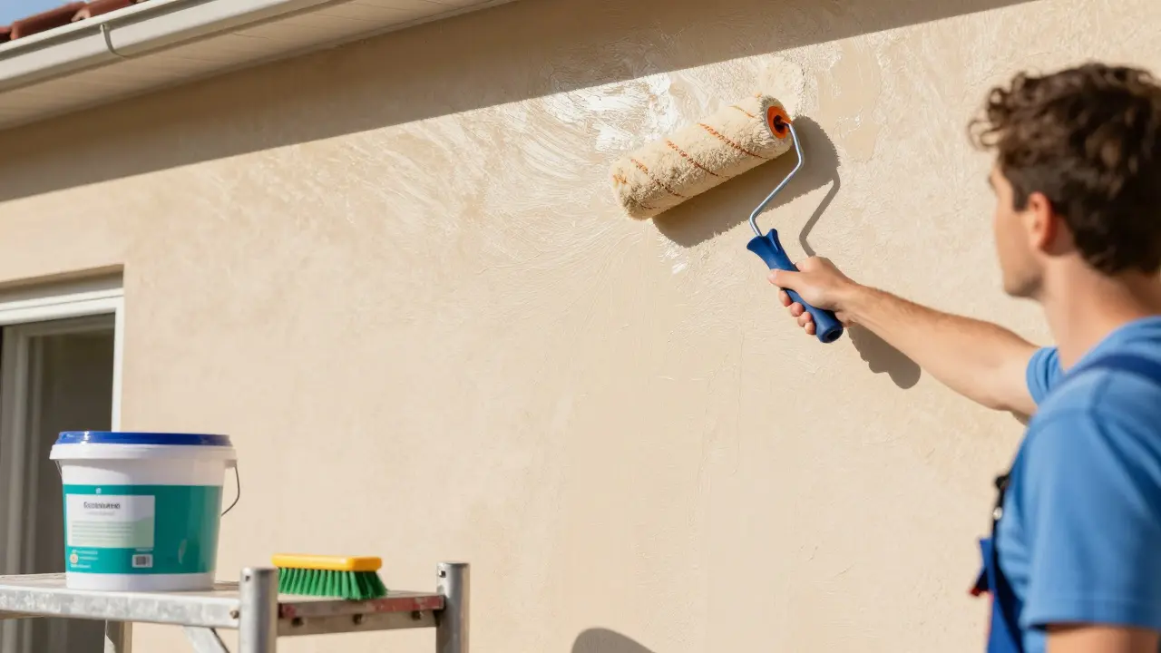 Professionelle Anwendung von Algenschutzmittel auf sauberer Fassade