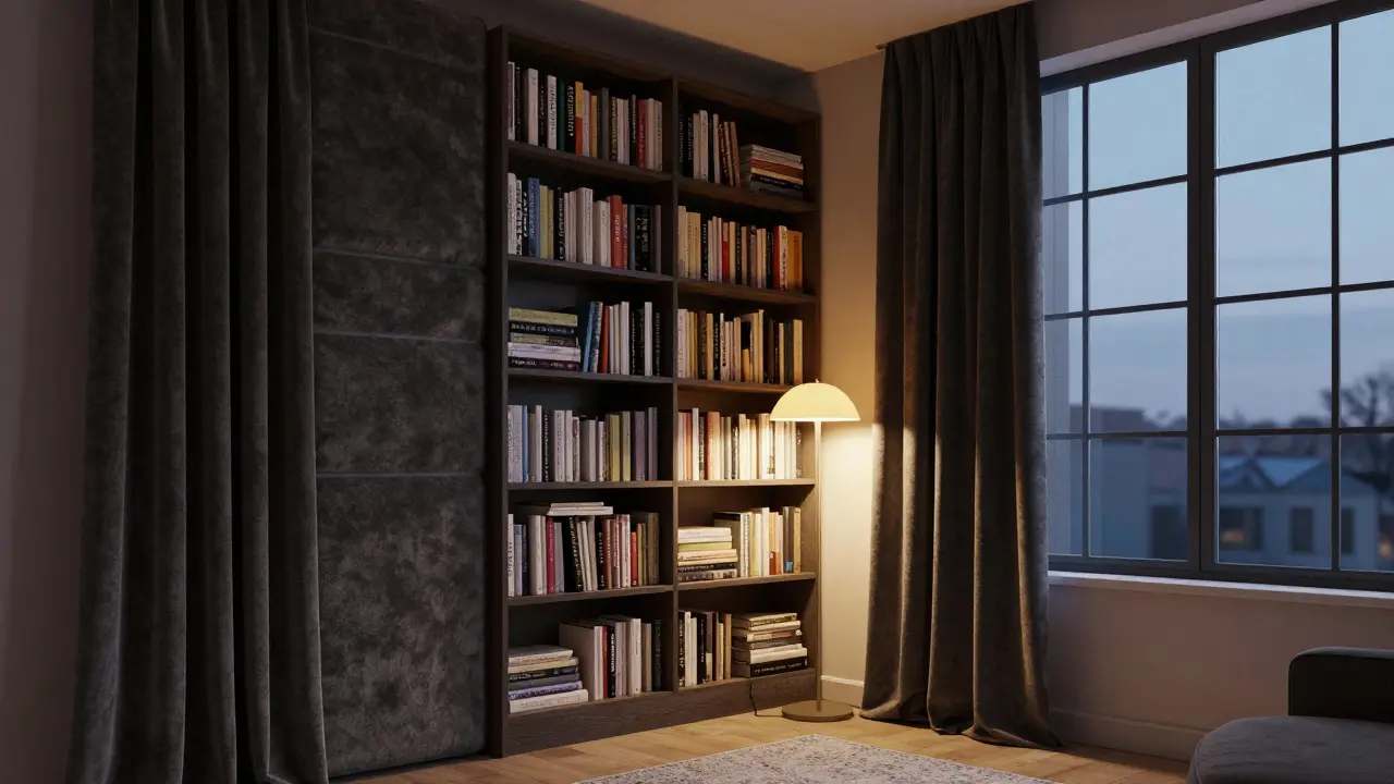 Ruhiges Wohnzimmer mit Bücherregal an der Trennwand und dicken Vorhängen