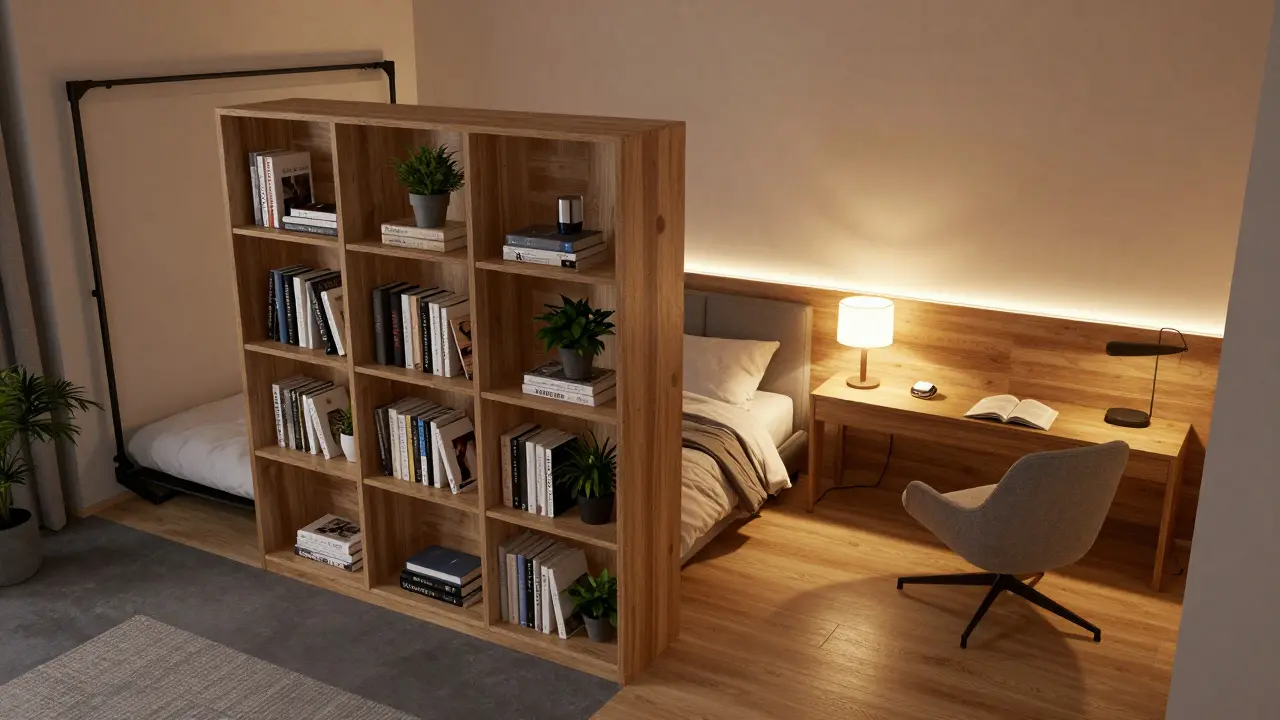 Wohnzimmer mit Bücherregal als Raumteiler und Schlafbereich