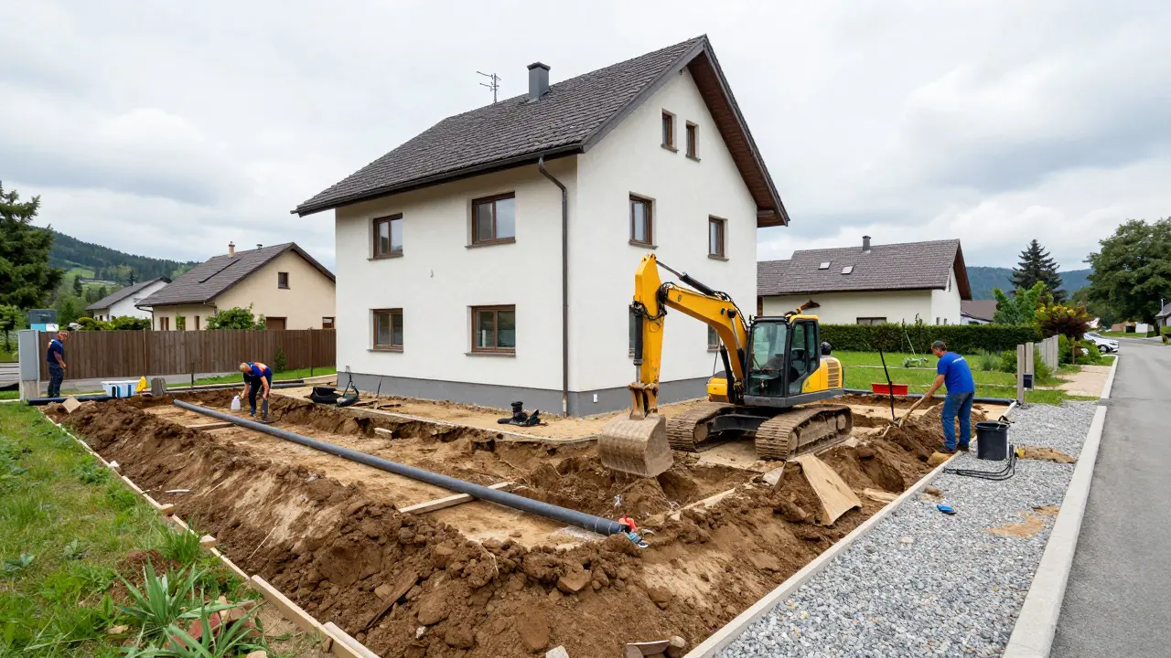 Baggerarbeiten für den Einbau einer Hausdrainage