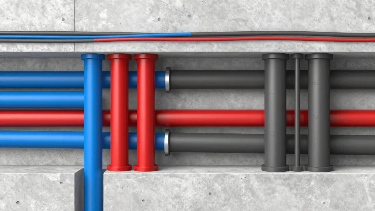Cross-section diagram showing separated water, sewage, and electrical pipes