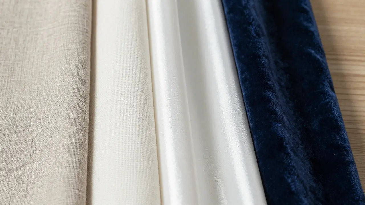 Detailaufnahme verschiedener Stofftexturen: Leinen, Baumwolle, Polyester, Samt