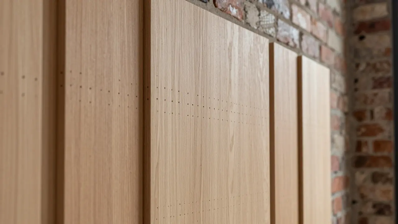 Detailaufnahme von mikroperforierten Akustikpaneelen aus Eichenholz