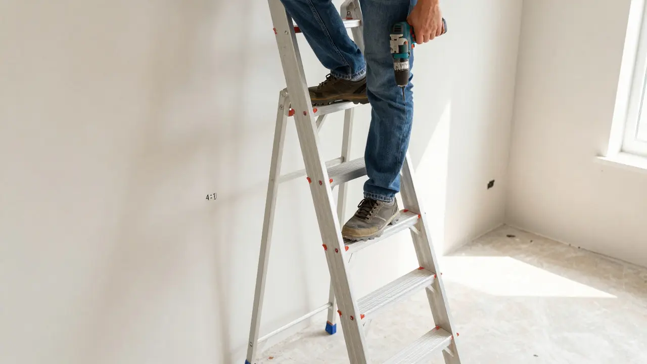 Fiberglas-Leiter steht im richtigen Winkel an der Wand für sichere Arbeit
