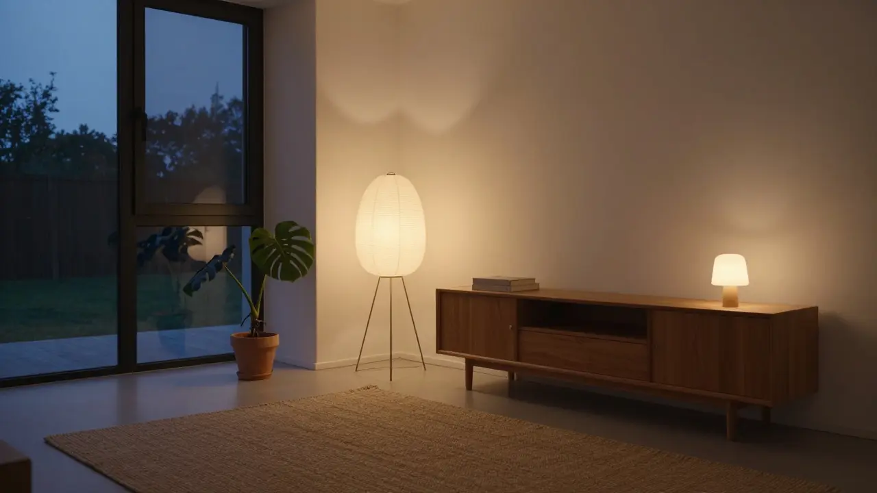 Gemütliches Japandi-Wohnzimmer abends mit warmem Licht und Pflanzen