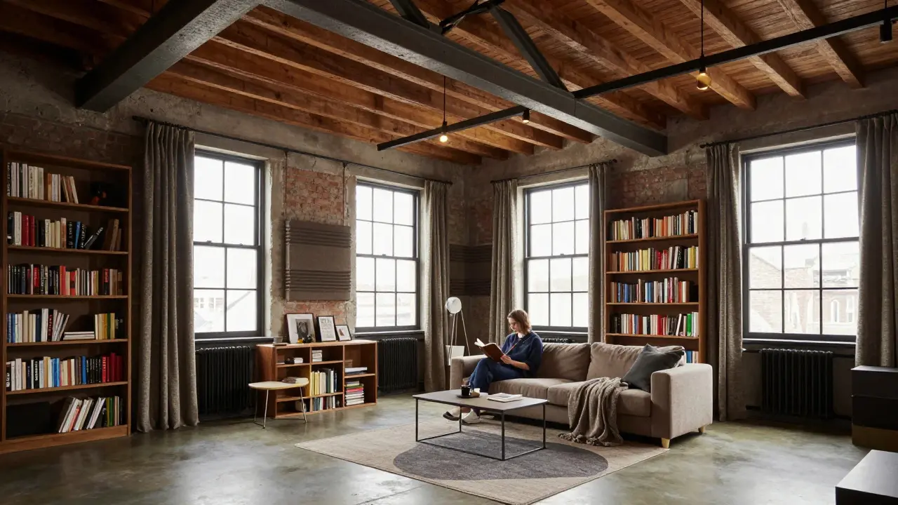 Gemütliches Loft-Wohnzimmer mit harmonischer Mischung aus Industriecharme und Akustik
