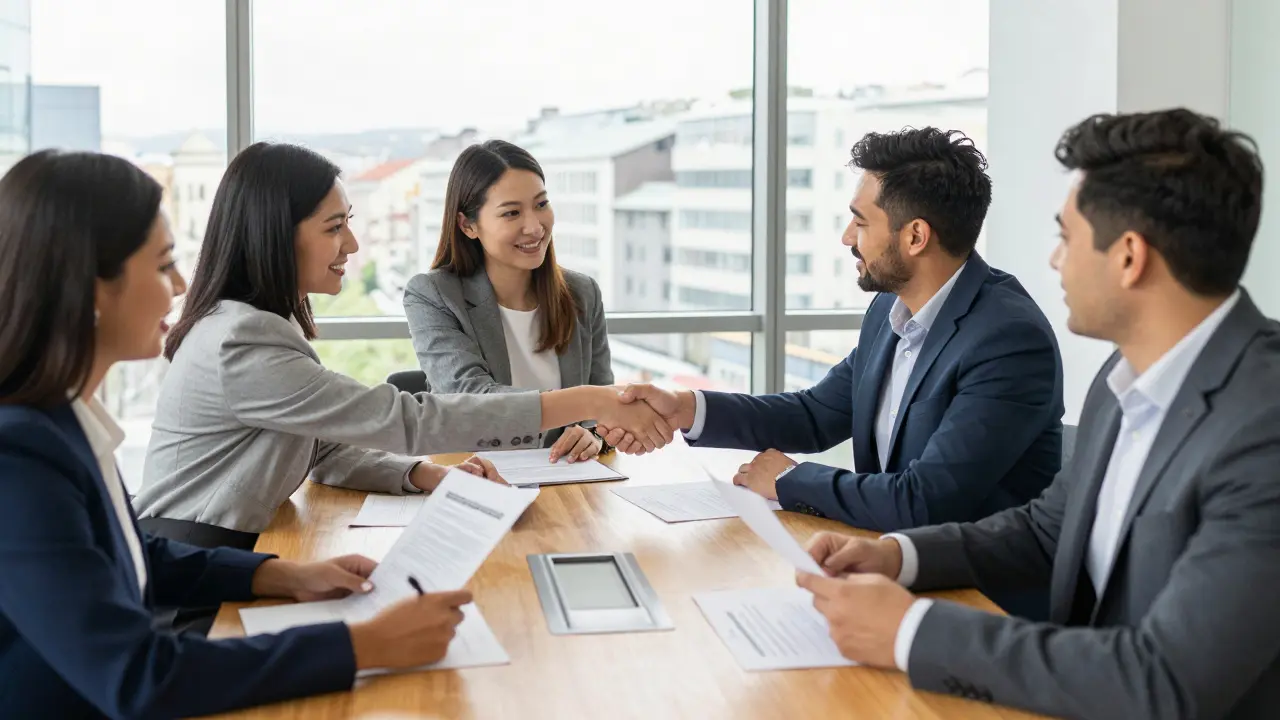 Geschäftspartner verhandeln erfolgreich über Immobilienfinanzierung im Büro