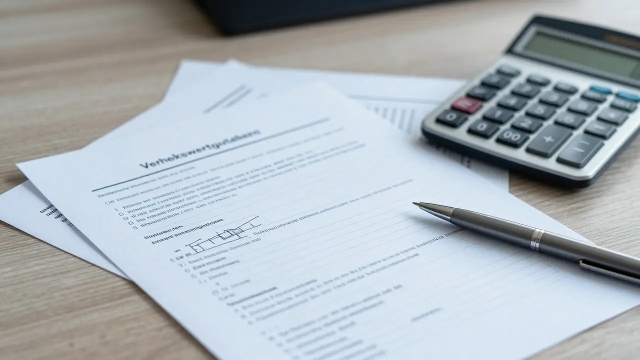 Immobilienbewertungsdokumente und Rechner auf einem Tisch
