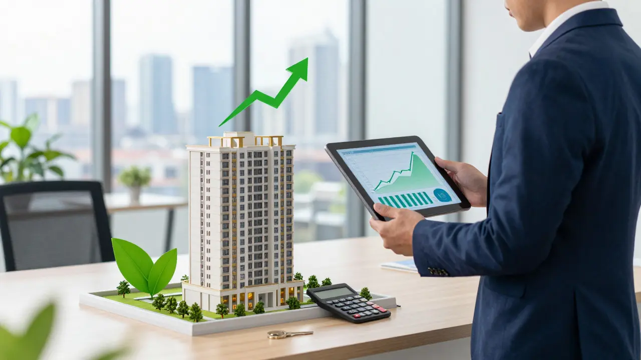 Immobilieninvestor mit Stadtmodell und Finanzdaten