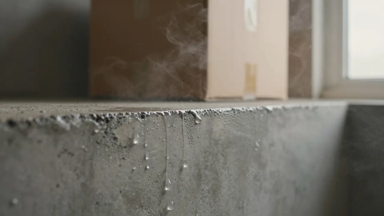 Kondenswassertröpfchen an einer kalten Kellerwand durch warme Luft