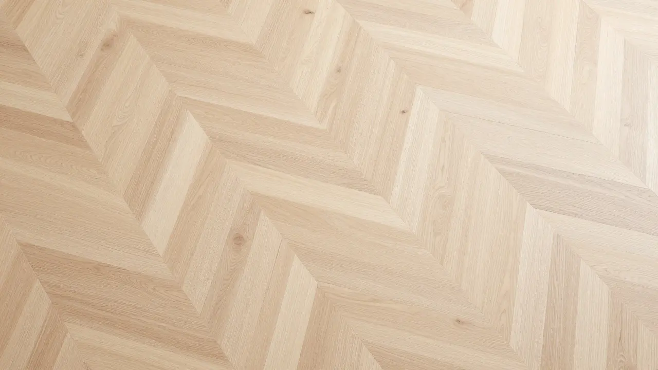 Luftbildansicht eines eleganten Fischgrät-Parkettbodens aus hellem Holz